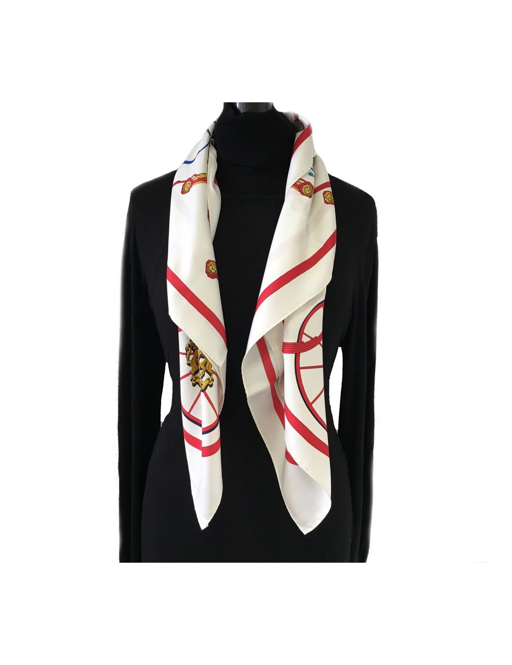 xxx Carré HERMES "Springs" en soie multicolore sur fond blanc