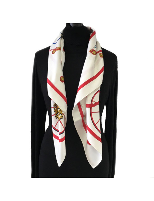 xxx Carré HERMES "Springs" en soie multicolore sur fond blanc