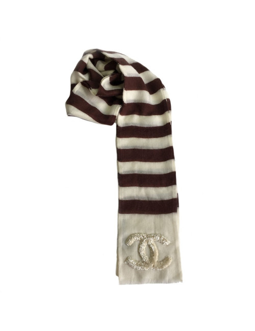 PRIX DEPOT Echarpe CHANEL rayée écrue et marron en cachemire