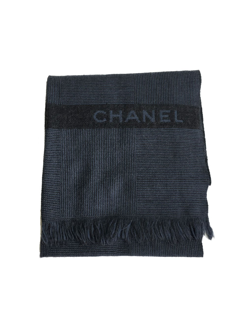 PRIX DEPOT Echarpe CHANEL bleue et anthracite à franges