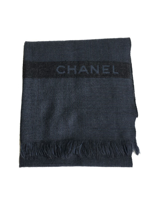 PRIX DEPOT Echarpe CHANEL bleue et anthracite à franges