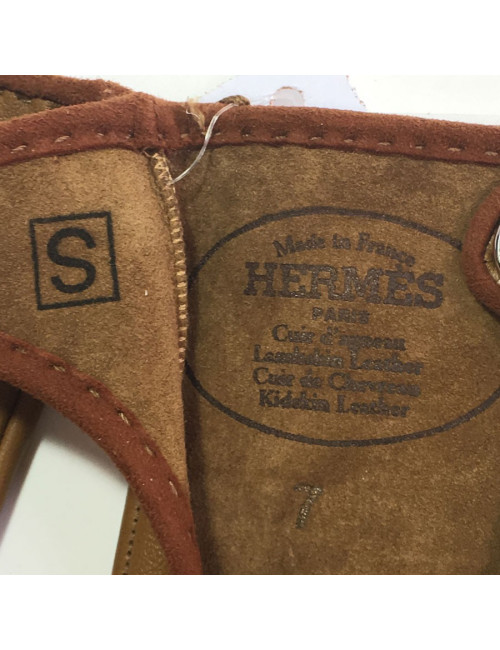 HERMÈS gloves size 7 in glossy kraft and cognac lamb leather