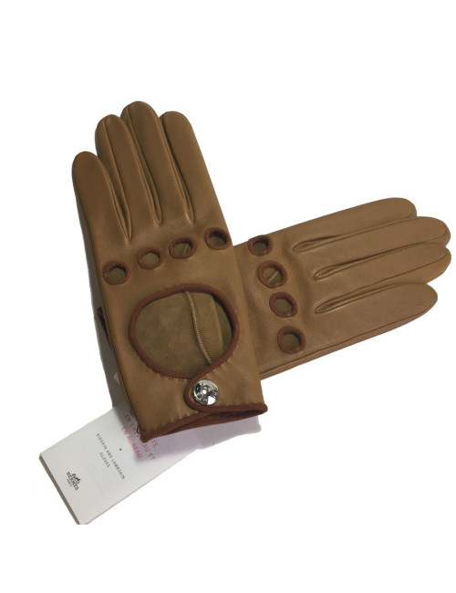 HERMÈS gloves size 7 in glossy kraft and cognac lamb leather