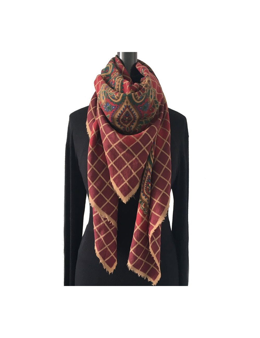 PRIX DEPOT Châle DIOR bordeaux, vert et marron à petites franges