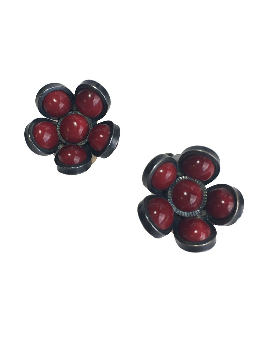 Boucles d'oreilles Clips MARGUERITE DE VALOIS fleurettes en pâte de verre rouge 