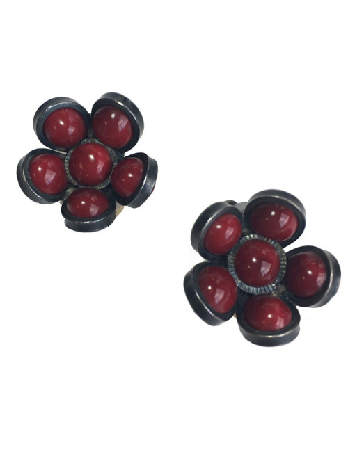 Boucles d'oreilles Clips MARGUERITE DE VALOIS fleurettes en pâte de verre rouge 