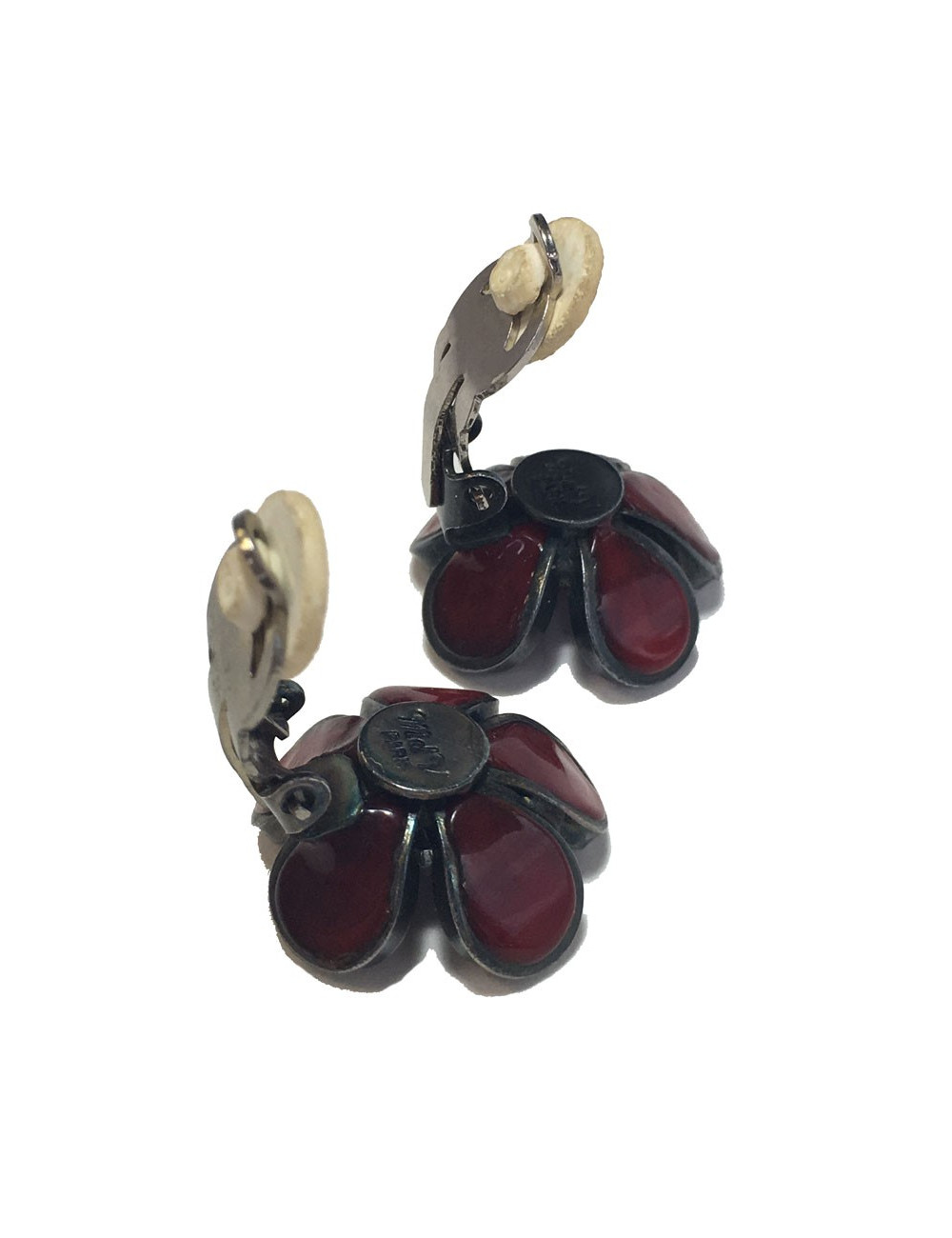 Boucles d'oreilles Clips MARGUERITE DE VALOIS fleurettes en pâte de verre rouge 