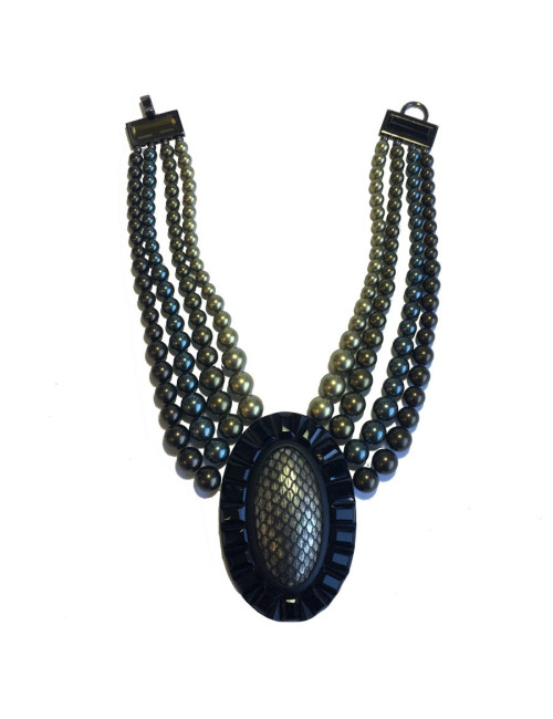 Collier APPARTEMENT A LOUER perles et pendentif noir et bronze