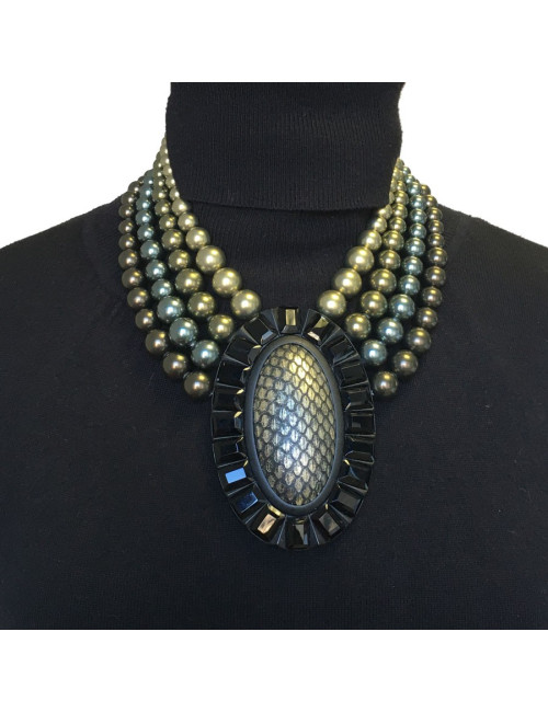 Collier APPARTEMENT A LOUER perles et pendentif noir et bronze