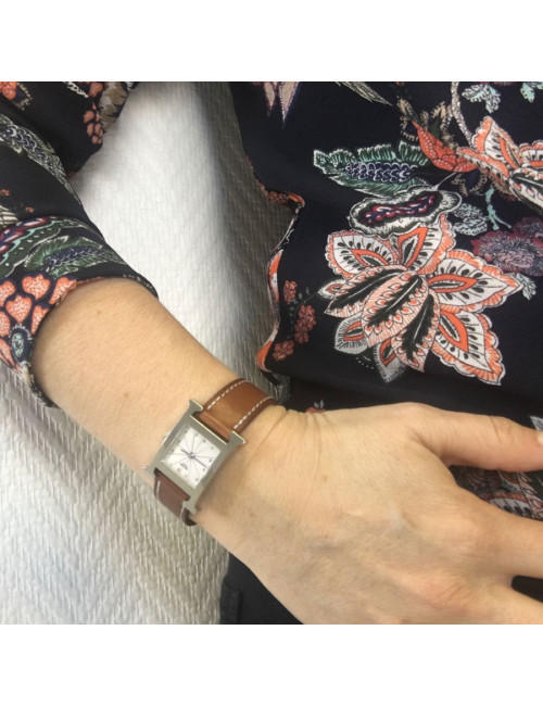Montre Heure H HERMÈS pm en veau Barénia et acier