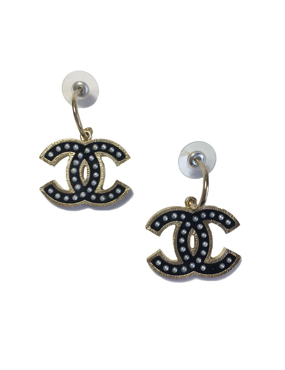 Boucles d'oreilles CHANEL CC noir perlés et métal doré