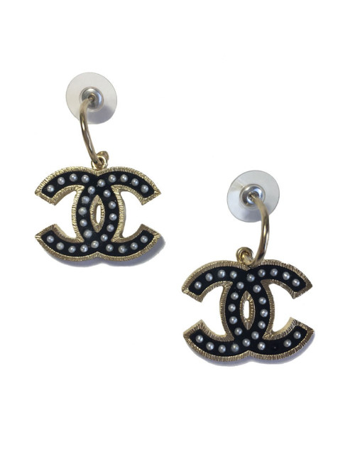 Boucles d'oreilles CHANEL CC noir perlés et métal doré