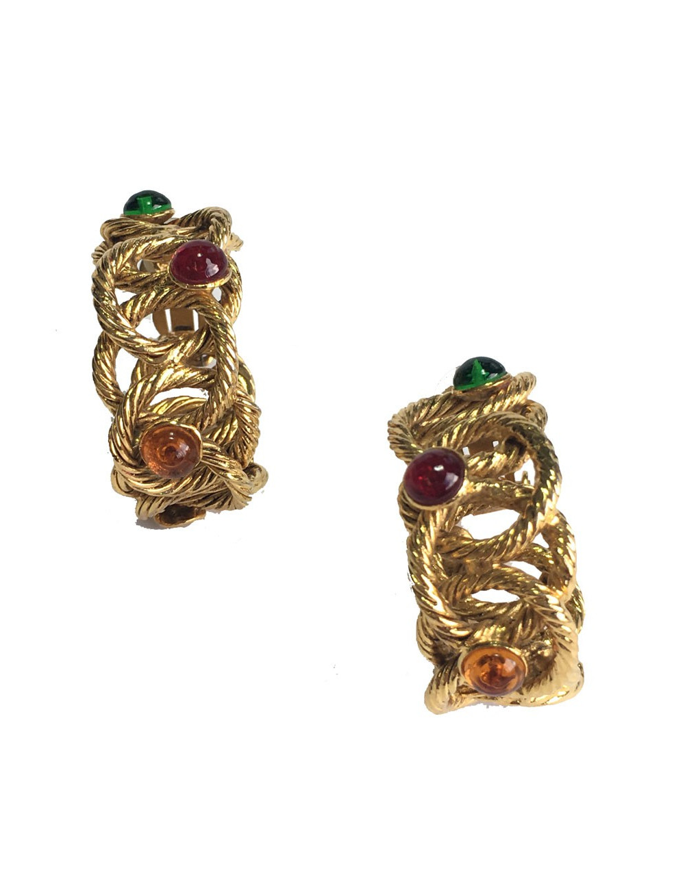 Boucles d'oreille clips créoles en métal torsadé doré et perles de couleurs