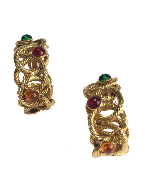 Boucles d'oreille clips créoles en métal torsadé doré et perles de couleurs