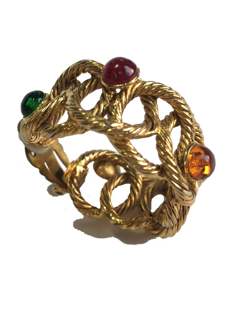 Creole earrings in gold colored and twisted metal and multicolored pearls