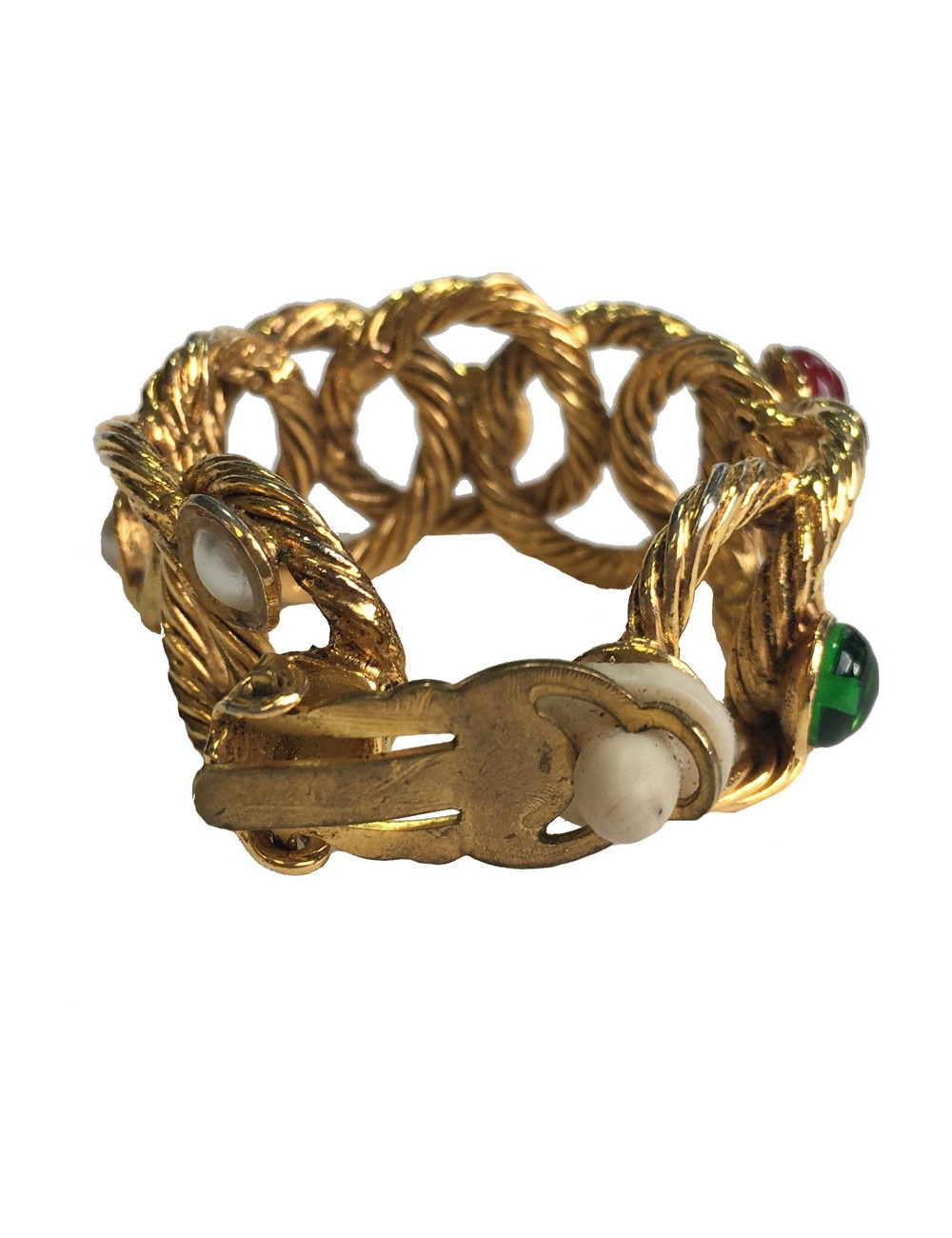 Creole earrings in gold colored and twisted metal and multicolored pearls