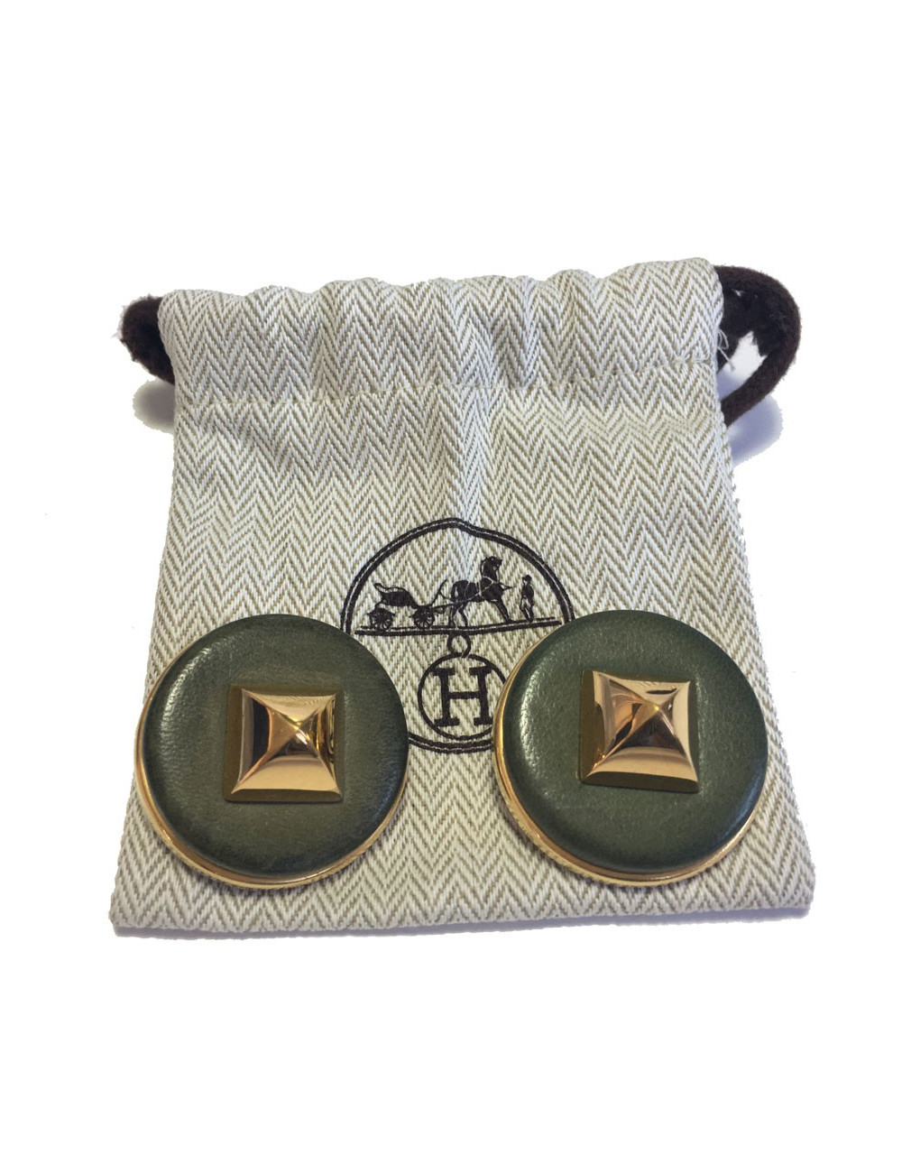 xxx Boucles d'oreille clips HERMES Médor vintage en cuir kaki et métal doré