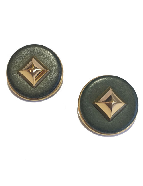 HERMES Medor vintage khaki leather and gilded metal clips earrings