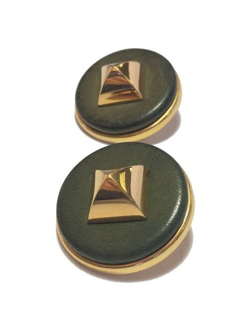 xxx Boucles d'oreille clips HERMES Médor vintage en cuir kaki et métal doré