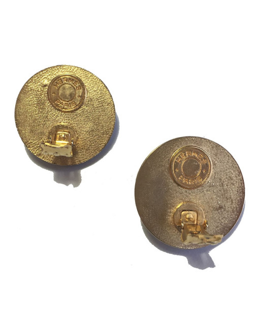 xxx Boucles d'oreille clips HERMES Médor vintage en cuir kaki et métal doré