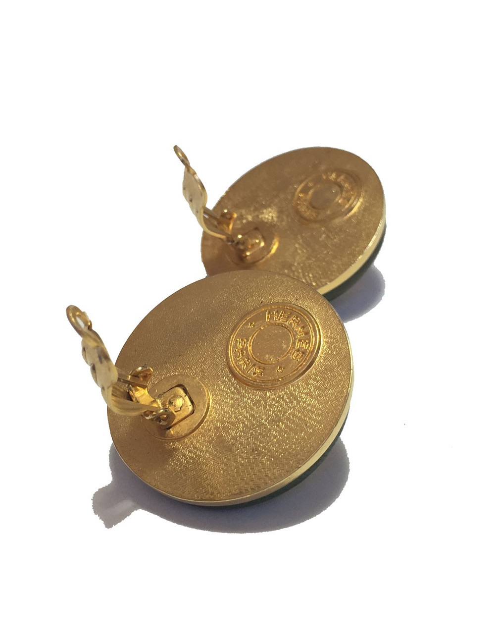 HERMES Medor vintage khaki leather and gilded metal clips earrings