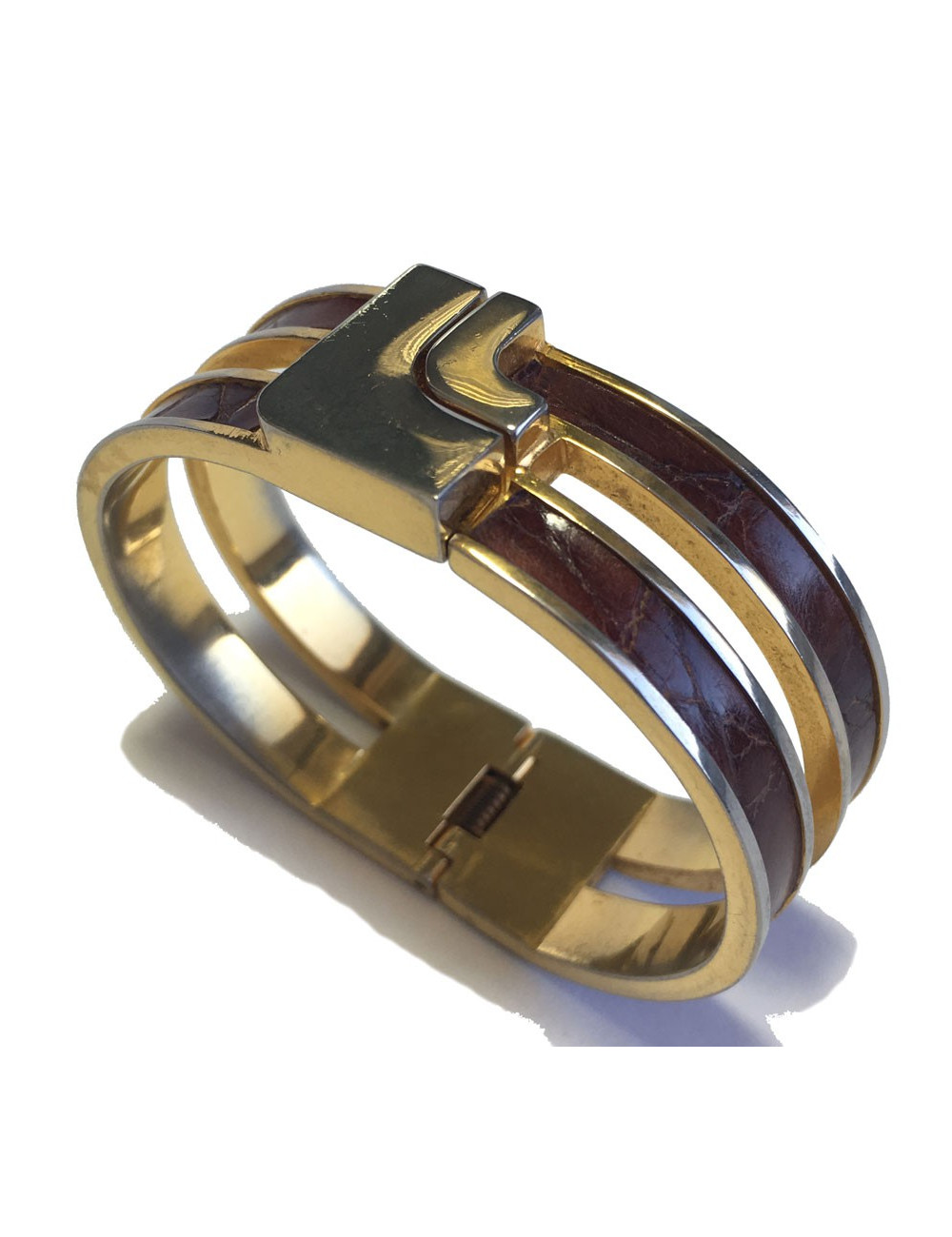 Bracelet LOEWE rigide en métal doré et cuir marron