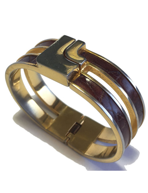 Bracelet LOEWE rigide en métal doré et cuir marron