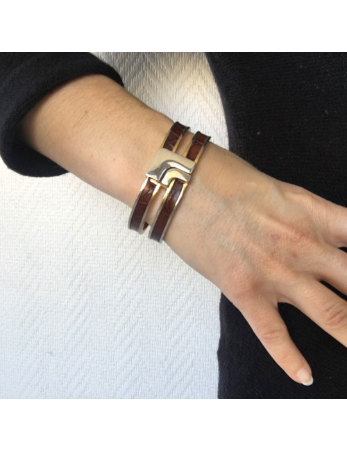 Bracelet LOEWE rigide en métal doré et cuir marron