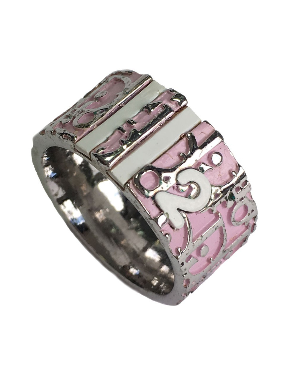 Bague DIOR monogram en métal argenté et émail rose T55