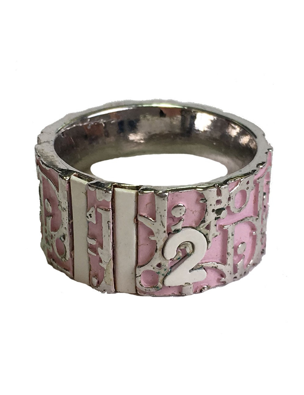 Bague DIOR monogram en métal argenté et émail rose T55