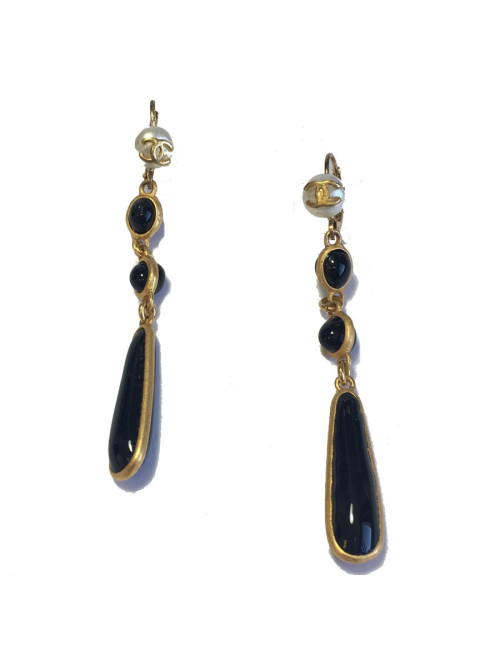 CHANEL pendant studs in gilded metal, black glass paste and pearl 