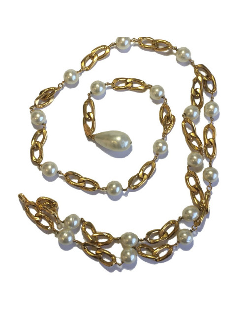 Ceinture  sautoir CHANEL vintage en perles nacrées et métal doré