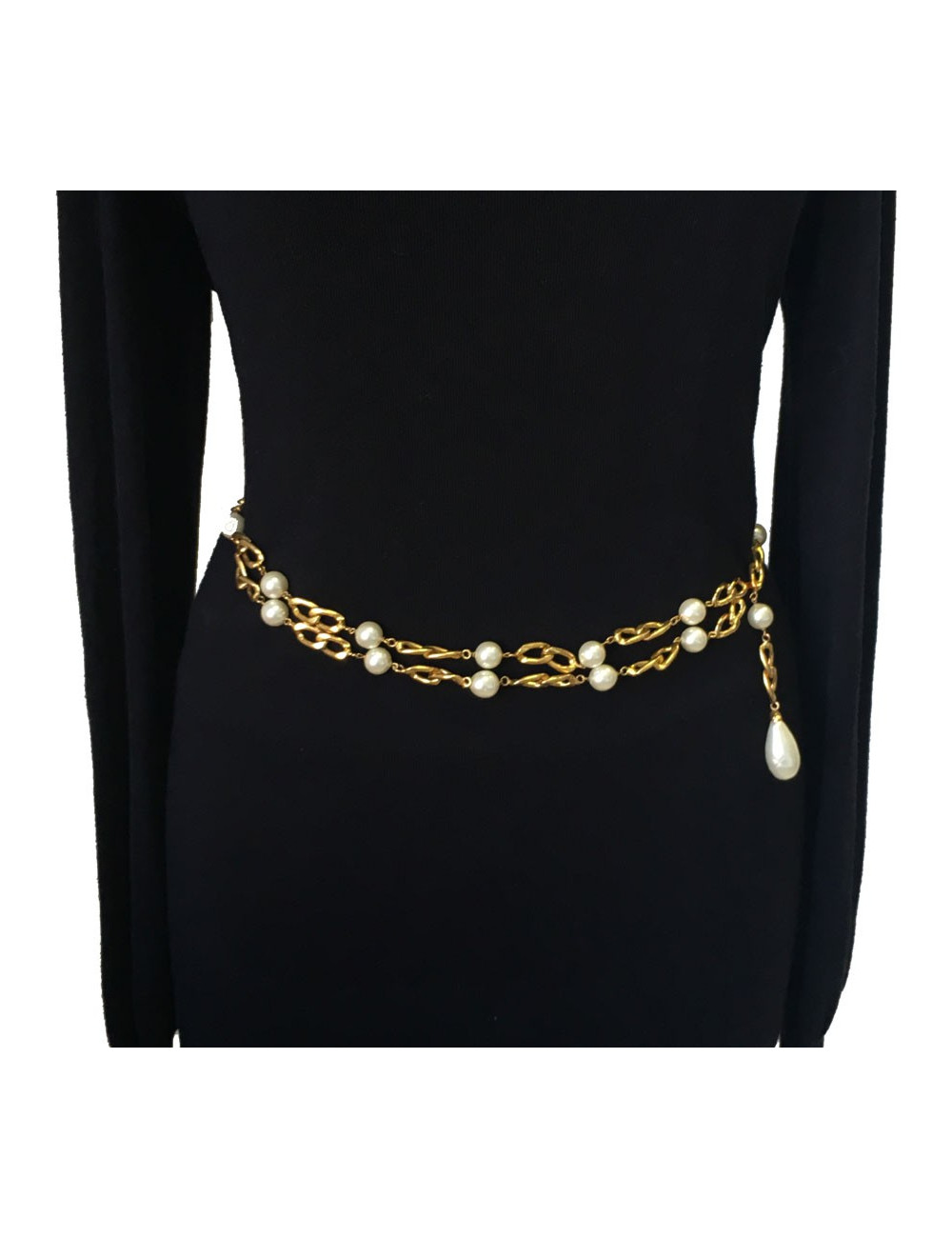 Ceinture  sautoir CHANEL vintage en perles nacrées et métal doré