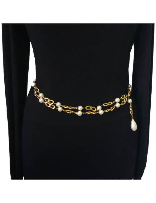 Ceinture  sautoir CHANEL vintage en perles nacrées et métal doré