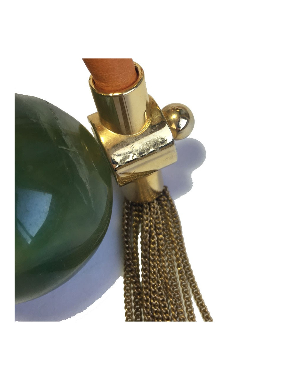 Orange leather, gold metal and green stone pendant necklace