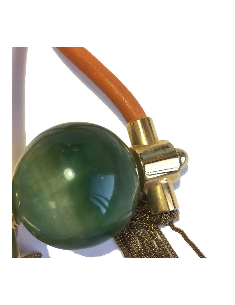 Orange leather, gold metal and green stone pendant necklace