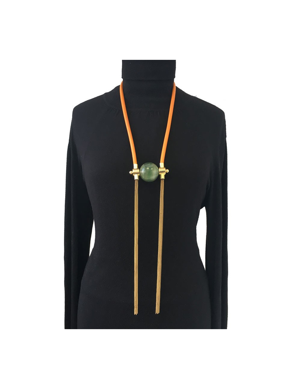 Orange leather, gold metal and green stone pendant necklace