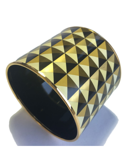 Manchette HERMES méga large en émail or, noir, kaki finition plaqué or