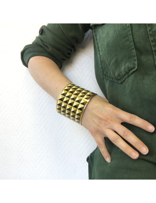 Manchette HERMES méga large en émail or, noir, kaki finition plaqué or