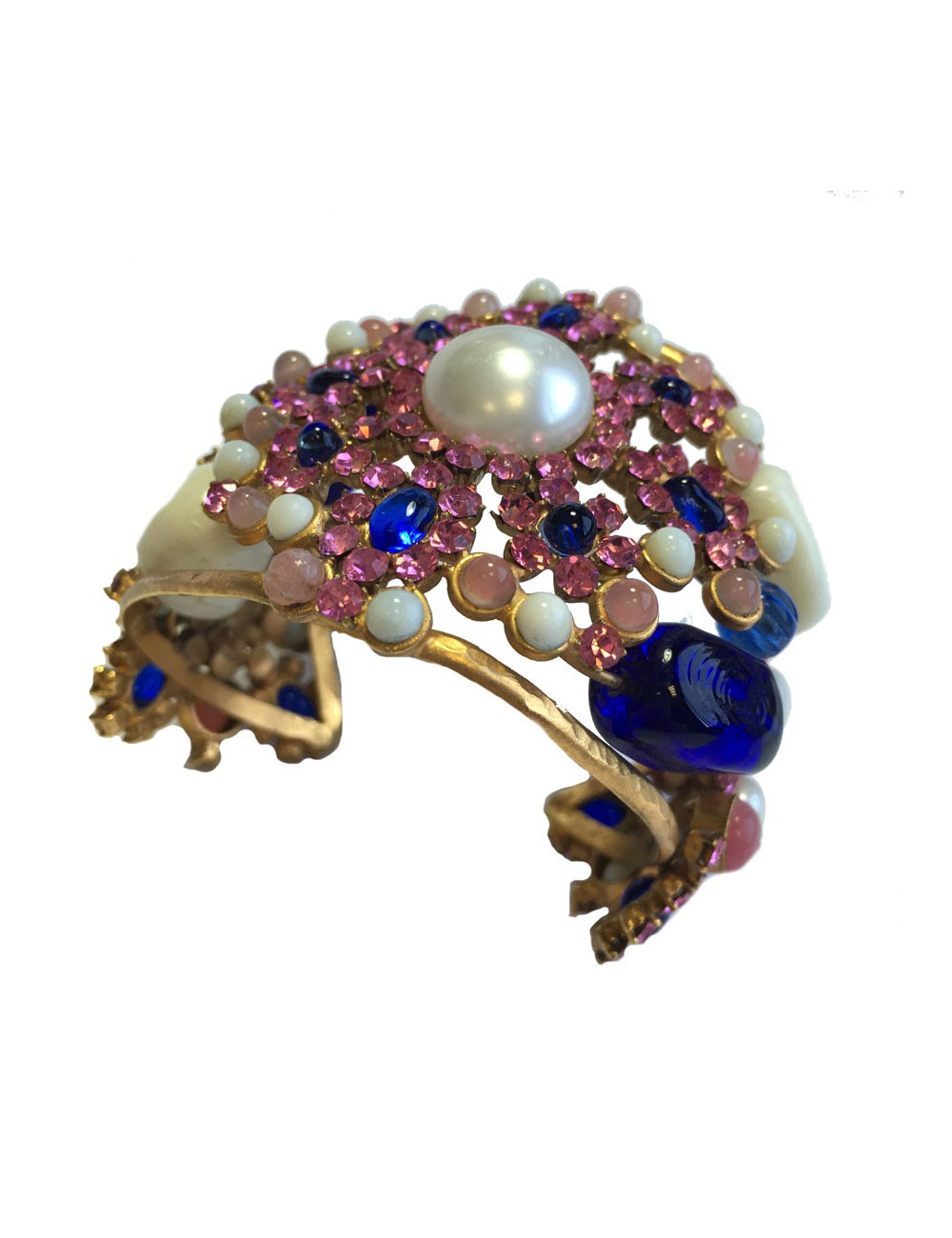 Manchette MARGUERITE de VALOIS byzantine en métal doré, pâte de verre, strass et perle nacrée