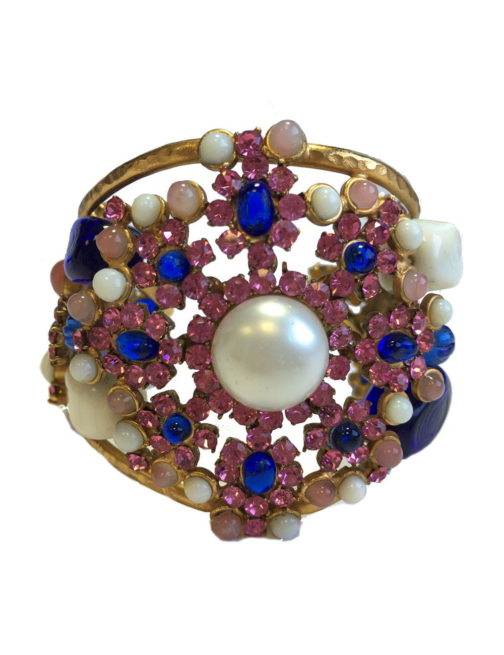 Manchette MARGUERITE de VALOIS byzantine en métal doré, pâte de verre, strass et perle nacrée