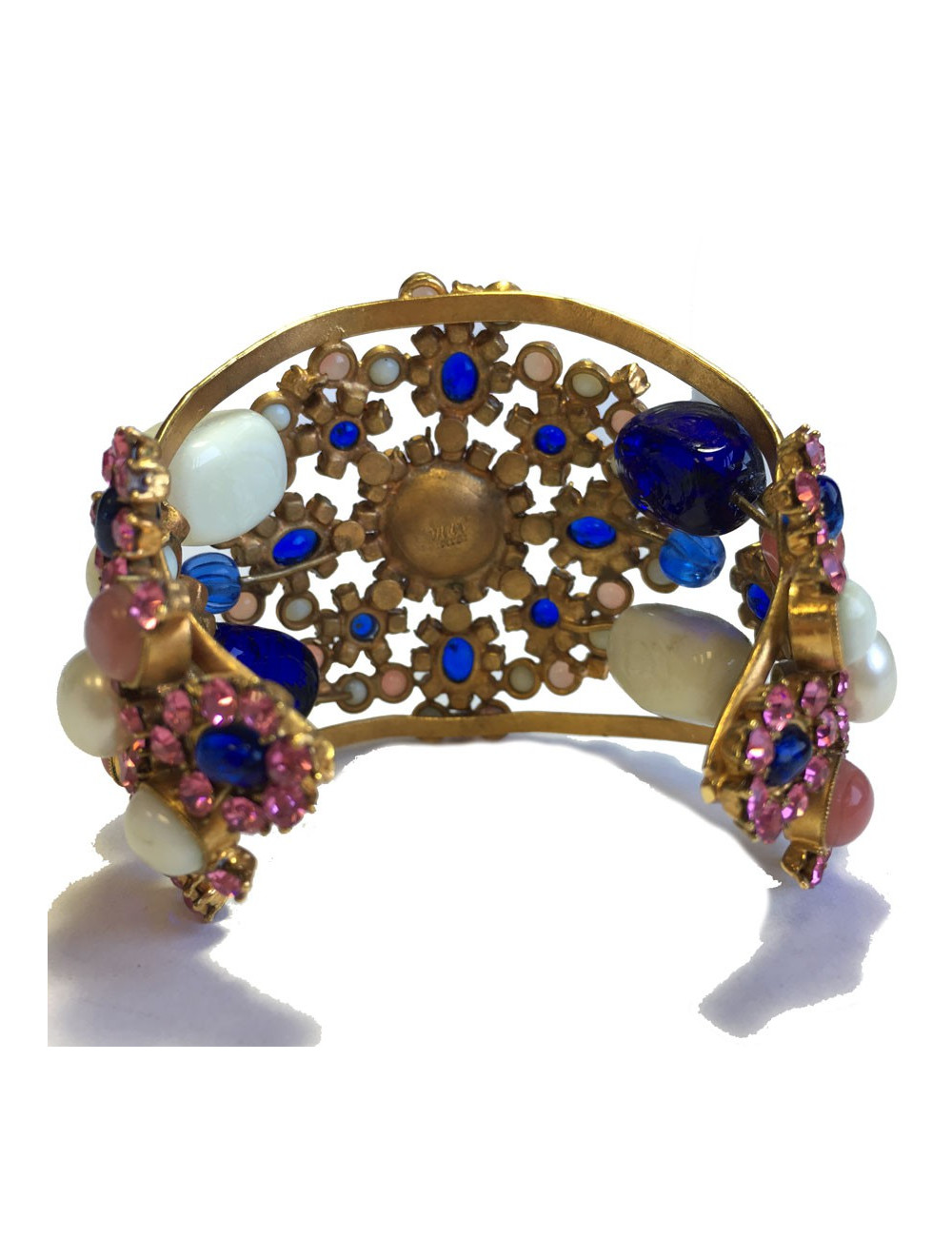 Manchette MARGUERITE de VALOIS byzantine en métal doré, pâte de verre, strass et perle nacrée