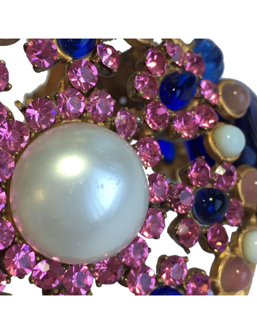 Manchette MARGUERITE de VALOIS byzantine en métal doré, pâte de verre, strass et perle nacrée