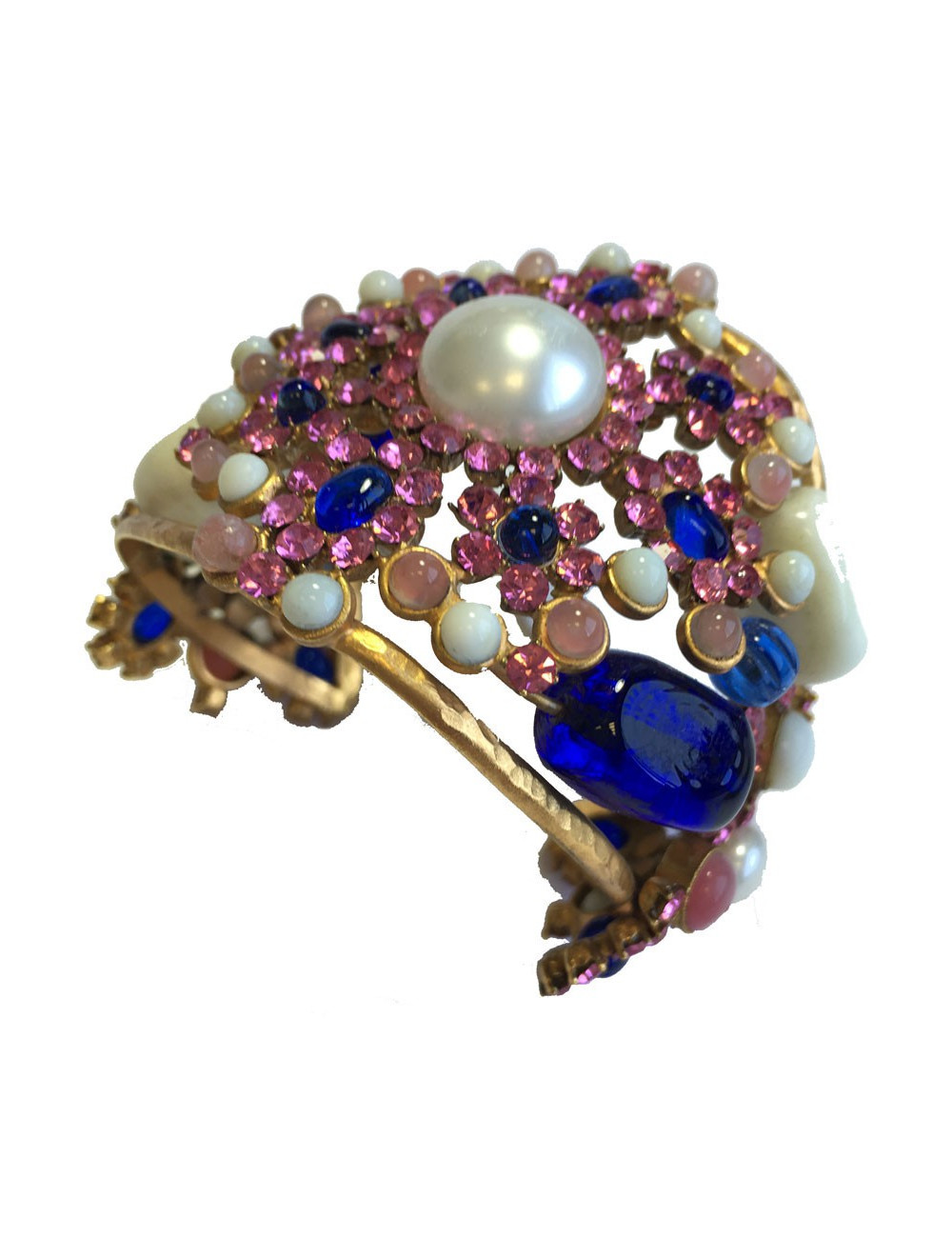 Manchette MARGUERITE de VALOIS byzantine en métal doré, pâte de verre, strass et perle nacrée