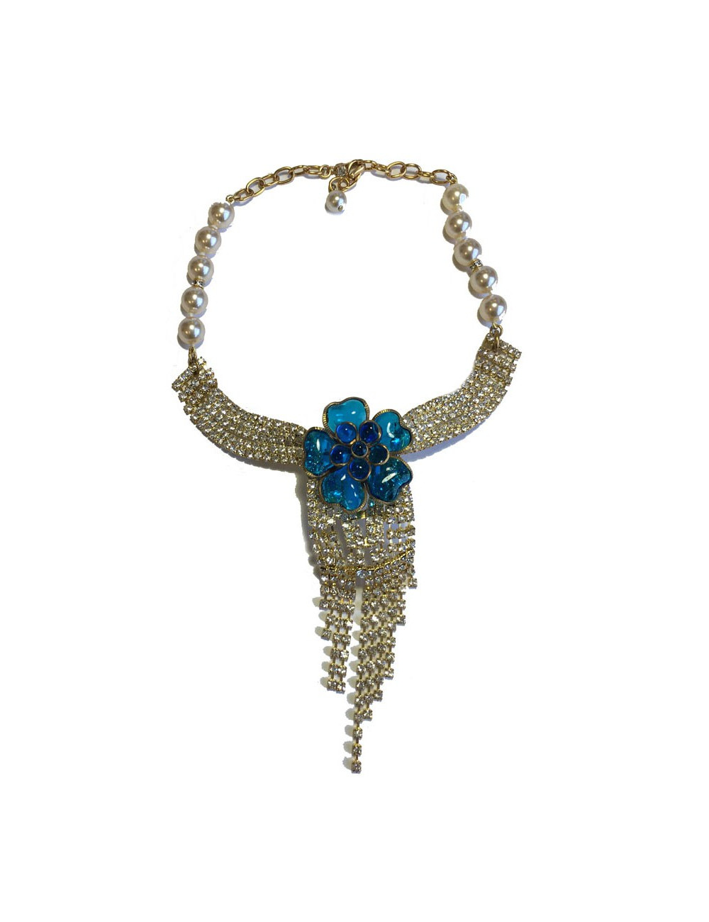 Collier ras de cou MARGUERITE de VALOIS fleur bleu saphir clair, strass et perles nacrées