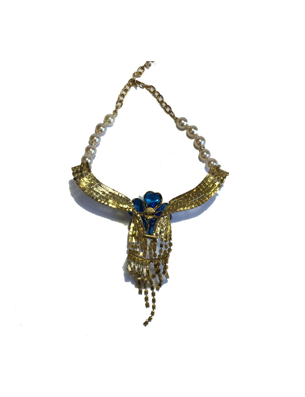 Collier ras de cou MARGUERITE de VALOIS fleur bleu saphir clair, strass et perles nacrées