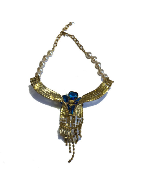 Collier ras de cou MARGUERITE de VALOIS fleur bleu saphir clair, strass et perles nacrées