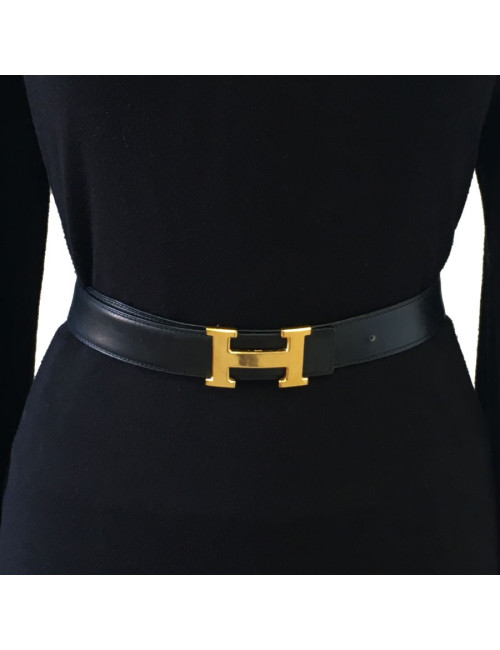 HERMES vintage H belt size 70 in black box leather and brown courchevel leather  