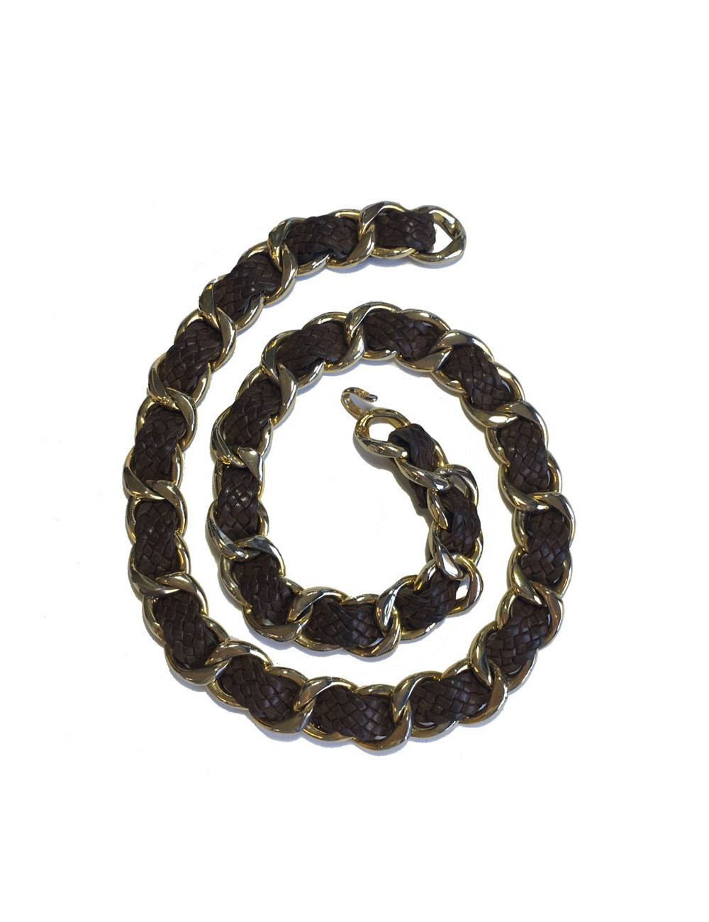 Ceinture CHANEL vintage en métal doré et cuir tressé marron