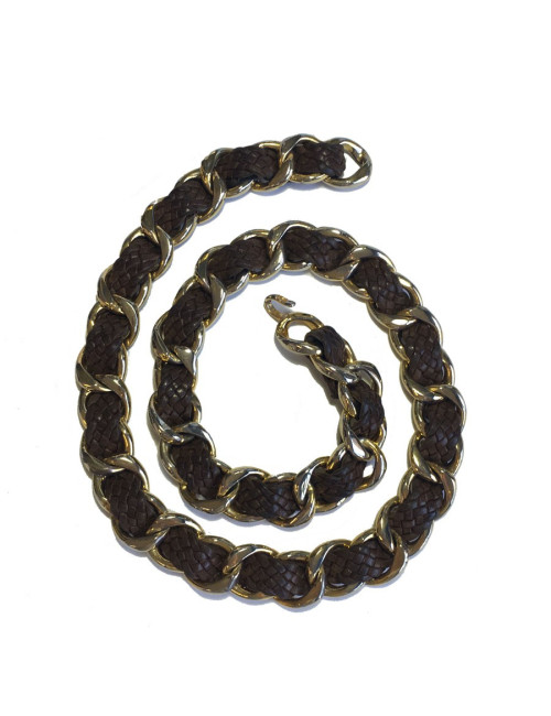 Ceinture CHANEL vintage en métal doré et cuir tressé marron